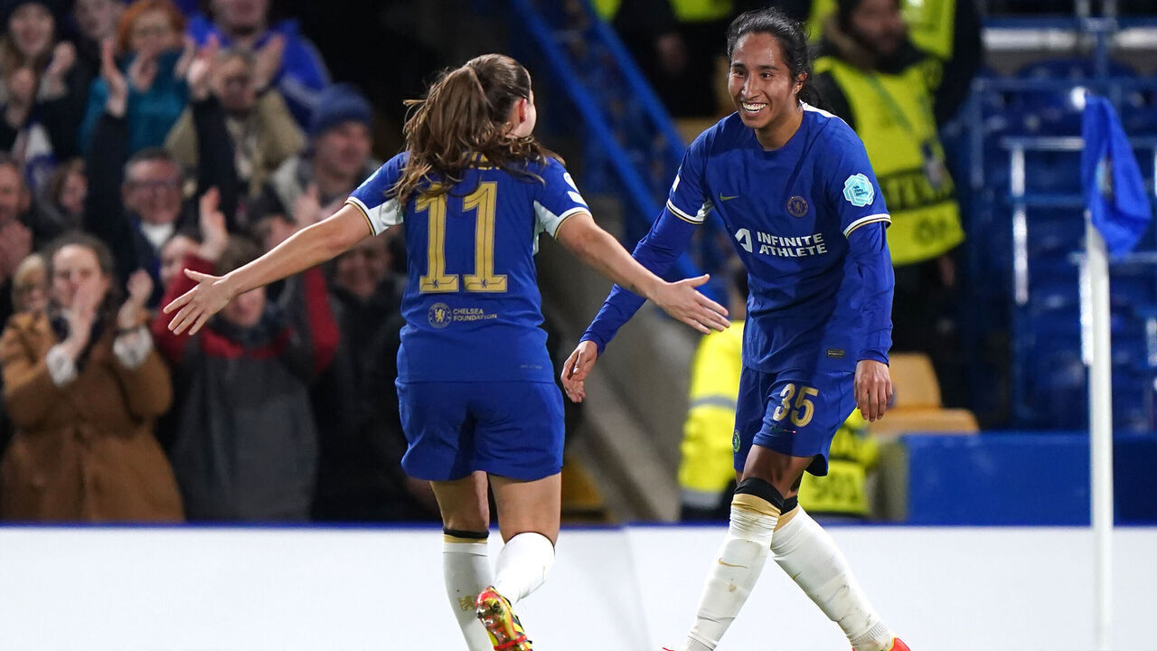 Chelsea's Mayra Ramirez (right) celebrates scoring their side's first goal of the game during the UEFA Women's Champions League quarter-final second leg match at Stamford Bridge, London. Picture date: Wednesday March 27, 2024.