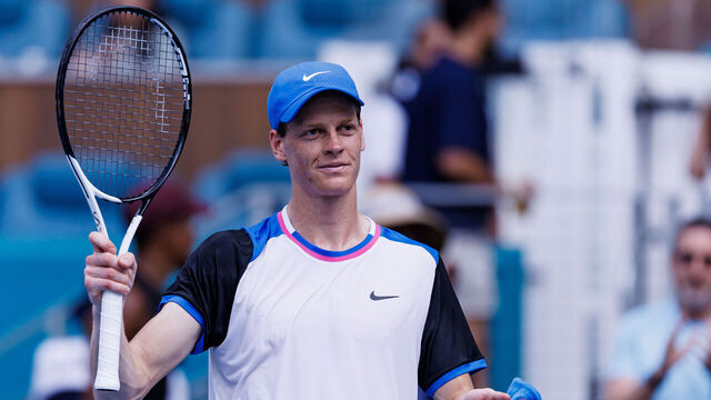 MIAMI GARDENS, FLORIDA - MARCH 27: Jannik Sinner of Italy celebrates his victory over Tomas Machac of the Czech Republic in the quarterfinal of the Miami Open at the Hard Rock Stadium on March 27, 2024 in Miami Gardens, Florida.