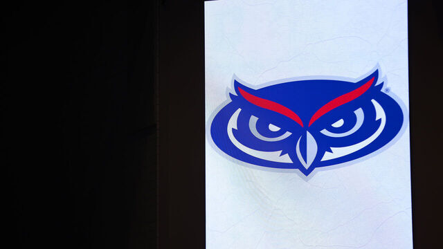 CHARLOTTE, NORTH CAROLINA - JANUARY 6: The Florida Atlantic Owls logo is shown on a board as they take on the Charlotte 49ers at Dale F. Halton Arena on January 6, 2024 in Charlotte, North Carolina.