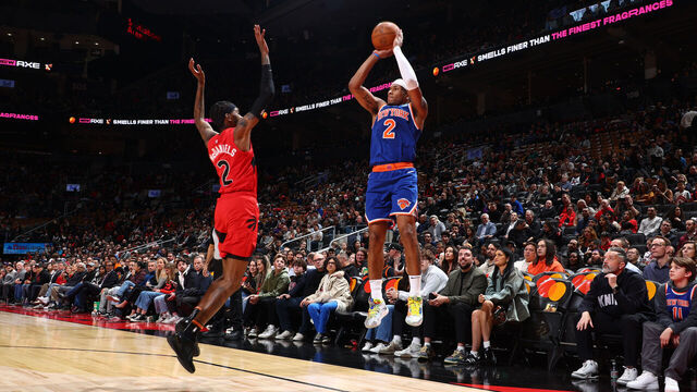 TORONTO, CANADA - MARCH 27: Miles McBride #2 of the New York Knicks shoots the ball during the game against the Toronto Raptors on March 27, 2024 at the Scotiabank Arena in Toronto, Ontario, Canada. Mandatory Copyright Notice: Copyright 2024 NBAE