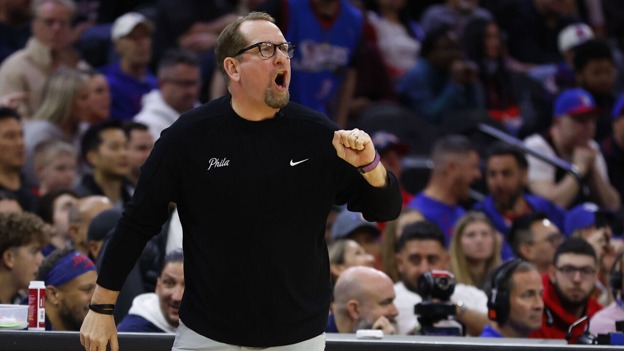 PHILADELPHIA, PENNSYLVANIA - MARCH 16: Head coach Nick Nurse of the Philadelphia 76ers reacts during the first half of a game against the Charlotte Hornets at the Wells Fargo Center on March 16, 2024 in Philadelphia, Pennsylvania. The 76ers defeated the Hornets 109-98.