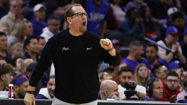 PHILADELPHIA, PENNSYLVANIA - MARCH 16: Head coach Nick Nurse of the Philadelphia 76ers reacts during the first half of a game against the Charlotte Hornets at the Wells Fargo Center on March 16, 2024 in Philadelphia, Pennsylvania. The 76ers defeated the Hornets 109-98.