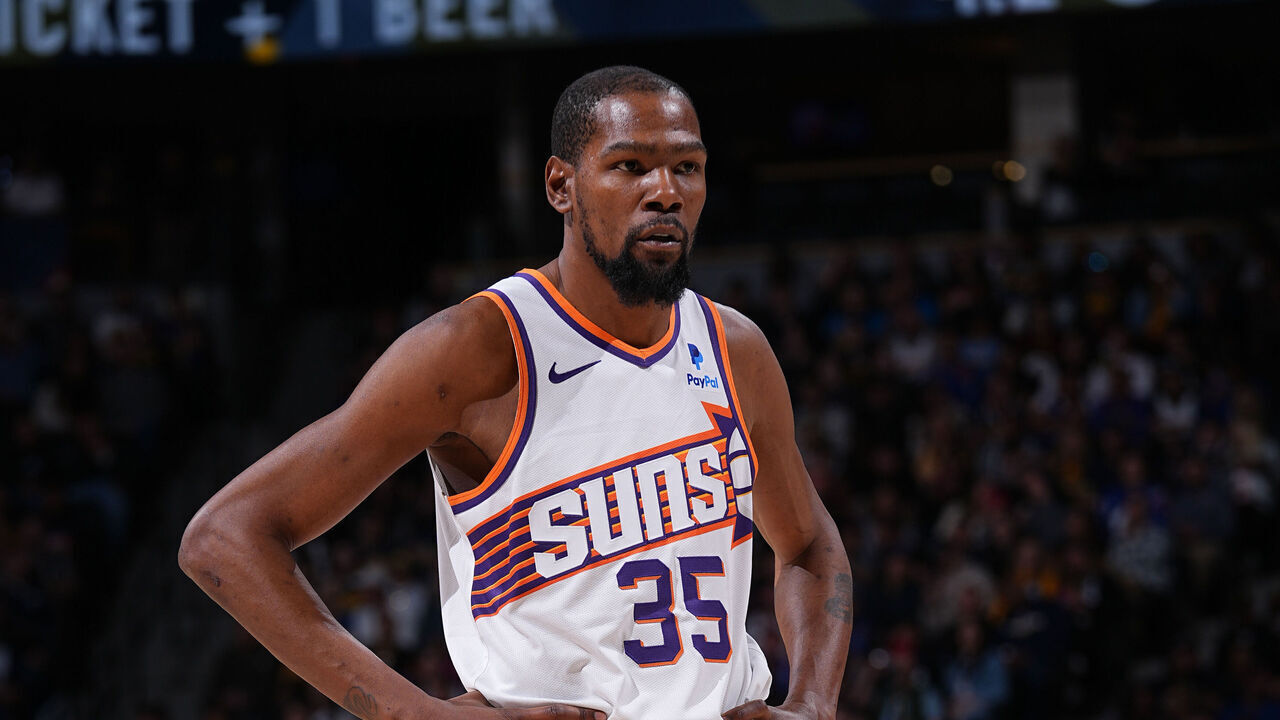 DENVER, CO - MARCH 27: Kevin Durant #35 of the Phoenix Suns looks on during the game on March 27, 2024 at the Ball Arena in Denver, Colorado. NOTE TO USER: User expressly acknowledges and agrees that, by downloading and/or using this Photograph, user is consenting to the terms and conditions of the Getty Images License Agreement. Mandatory Copyright Notice: Copyright 2024 NBAE