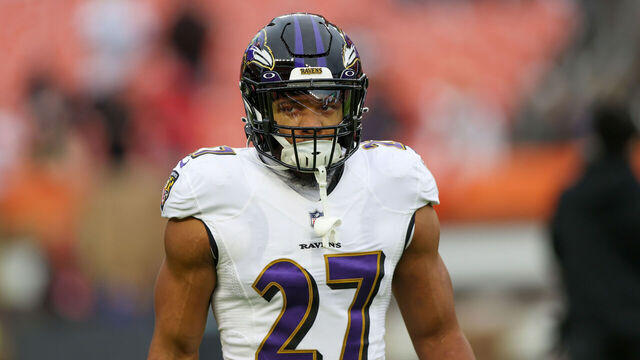 CLEVELAND, OH - DECEMBER 17: Baltimore Ravens running back J.K. Dobbins (27) on the field prior to the National Football League game between the Baltimore Ravens and Cleveland Browns on December 17, 2022, at FirstEnergy Stadium in Cleveland, OH.