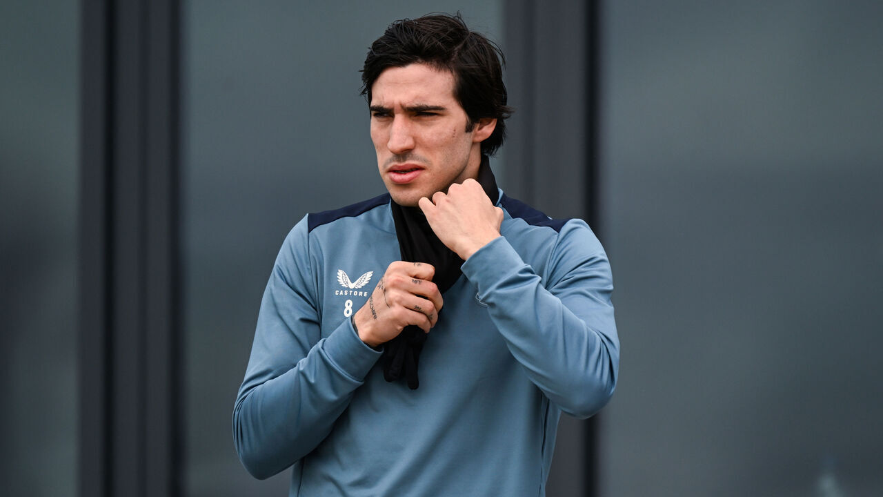 NEWCASTLE UPON TYNE, ENGLAND - MARCH 13: Sandro Tonali during the Newcastle United Training Session at the Newcastle United Training Centre on March 13, 2024 in Newcastle upon Tyne, England.