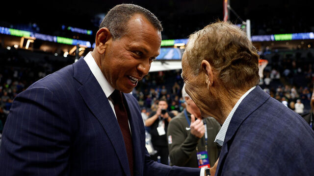 MINNEAPOLIS, MINNESOTA - NOVEMBER 06: Part owners Alex Rodriguez (L) and Glen Taylor of the Minnesota Timberwolves celebrate after the game against the Boston Celtics at Target Center on November 06, 2023 in Minneapolis, Minnesota. The Timberwolves defeated the Celtics 114-109 in overtime.