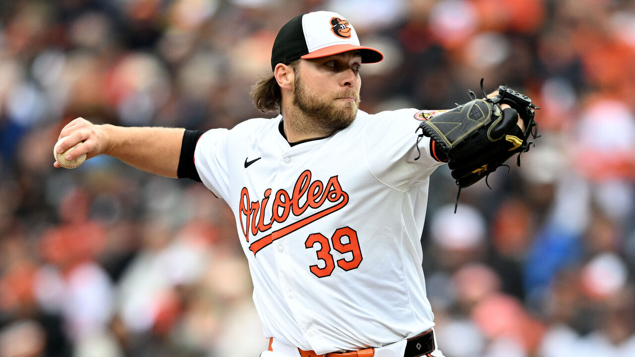 BALTIMORE, MARYLAND - MARCH 28: Corbin Burnes #39 of the Baltimore Orioles pitches in the third inning against the Los Angeles Angels on Opening Day at Oriole Park at Camden Yards on March 28, 2024 in Baltimore, Maryland.