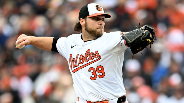 BALTIMORE, MARYLAND - MARCH 28: Corbin Burnes #39 of the Baltimore Orioles pitches in the third inning against the Los Angeles Angels on Opening Day at Oriole Park at Camden Yards on March 28, 2024 in Baltimore, Maryland.