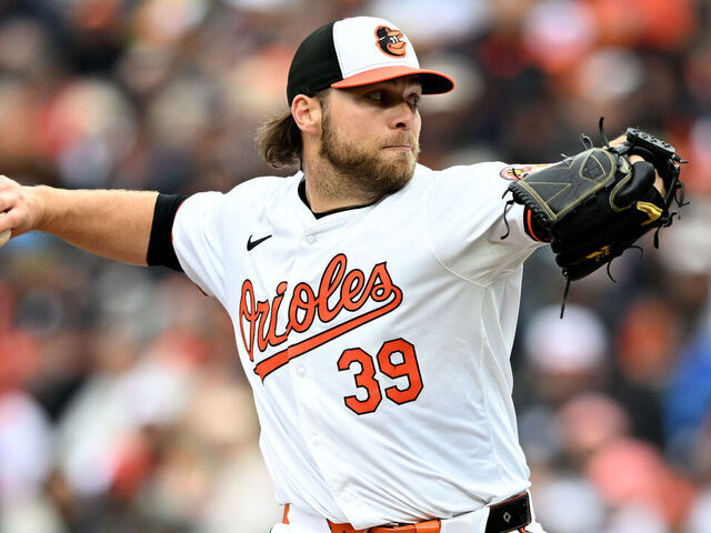 BALTIMORE, MARYLAND - MARCH 28: Corbin Burnes #39 of the Baltimore Orioles pitches in the third inning against the Los Angeles Angels on Opening Day at Oriole Park at Camden Yards on March 28, 2024 in Baltimore, Maryland.