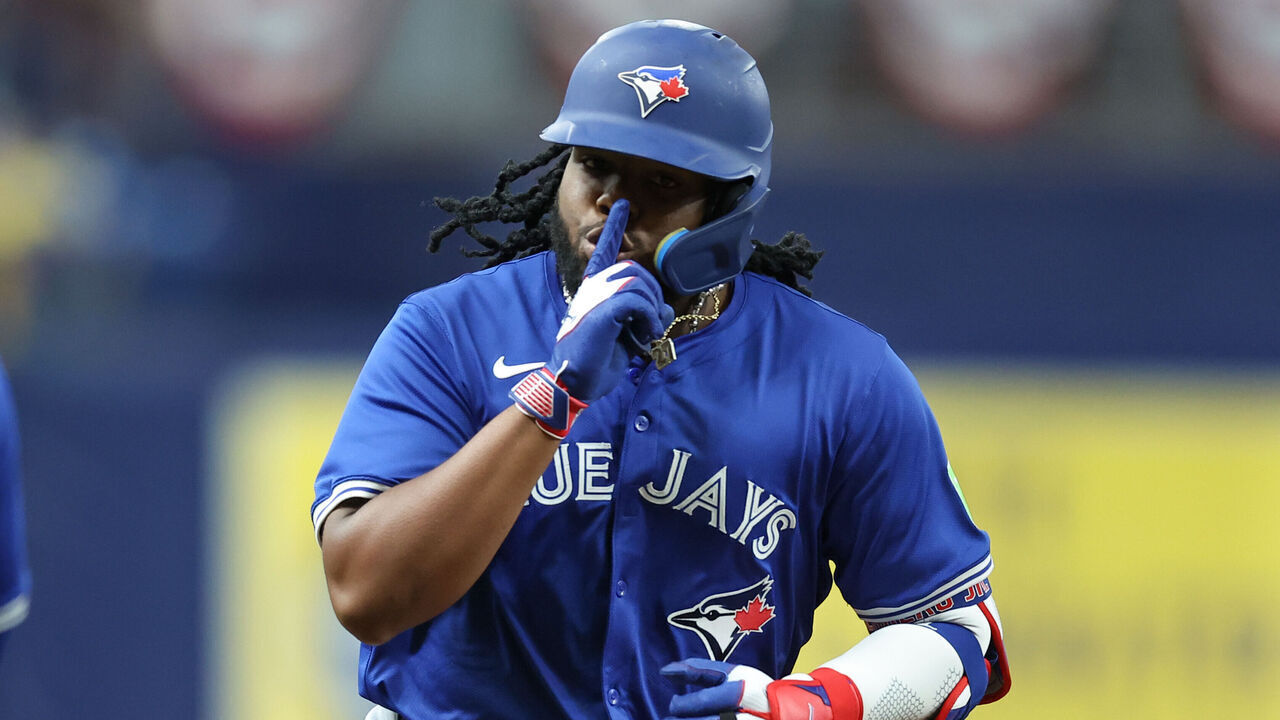 TAMPA, FL - MARCH 28: Vladimir Guerrero Jr. #27 of the Toronto Blue Jays reacts after hitting a solo home run in the sixth inning of the game between the Toronto Blue Jays and the Tampa Bay Rays at Tropicana Field on Thursday, March 28, 2024 in Tampa, Florida.