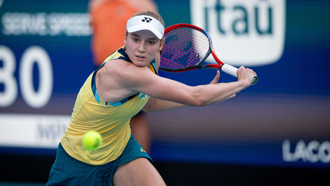 MIAMI GARDENS, FLORIDA - MARCH 28: Elena Rybakina from Kazakhstan competes against Victoria Azarenka from Belarus (not seen) during the Quarterfinals of women's singles of 2024 Miami Open at Hard Rock Stadium on March 28, 2024 in Miami Gardens, Florida.