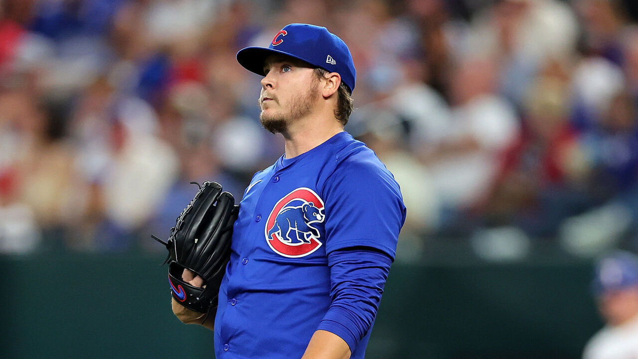 ARLINGTON, TEXAS - MARCH 28: Justin Steele #35 of the Chicago Cubs steps off the mound during the first inning of the Opening Day game against the Texas Rangers at Globe Life Field on March 28, 2024 in Arlington, Texas.