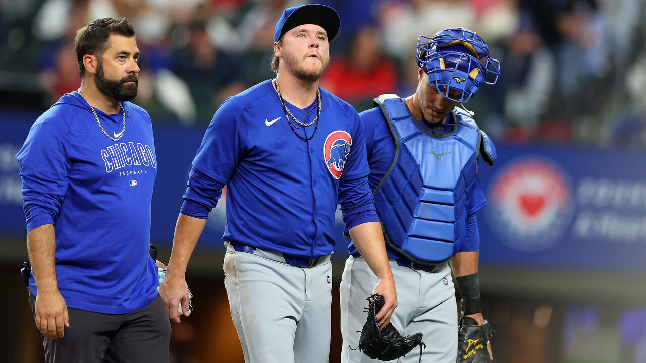 ARLINGTON, TEXAS - MARCH 28: Justin Steele #35 of the Chicago Cubs leaves the field after an injury during the fifth inning of the Opening Day game against the Texas Rangers at Globe Life Field on March 28, 2024 in Arlington, Texas.