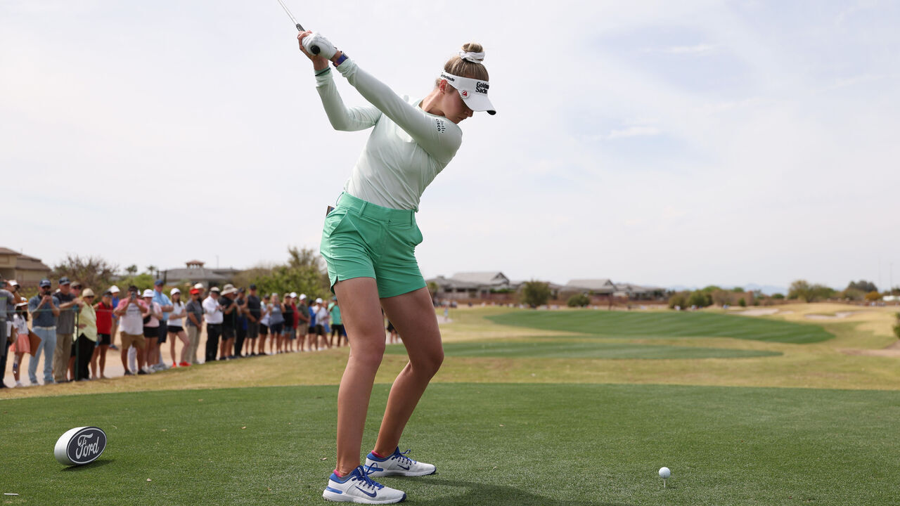 PHOENIX, ARIZONA - MARCH 28: Nelly Korda of the United States plays her shot from the second tee during the first round of the Ford Championship presented by KCC at Seville Golf and Country Club on March 28, 2024 in Phoenix, Arizona.