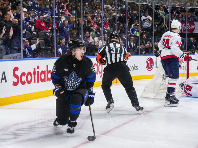 TORONTO, ON - MARCH 28: Tyler Bertuzzi #59 of the Toronto Maple Leafs celebrates his goal against the Washington Capitals during the second period at Scotiabank Arena on March 28, 2024 in Toronto, Ontario, Canada.