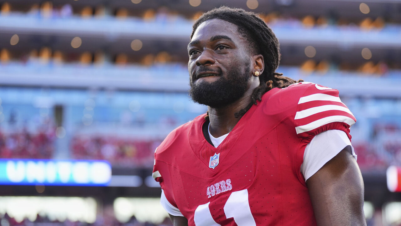 SANTA CLARA, CA - JANUARY 28: Brandon Aiyuk #11 of the San Francisco 49ers warms up before kickoff against the Detroit Lions during the NFC Championship football game at Levi's Stadium on January 28, 2024 in Santa Clara, California.