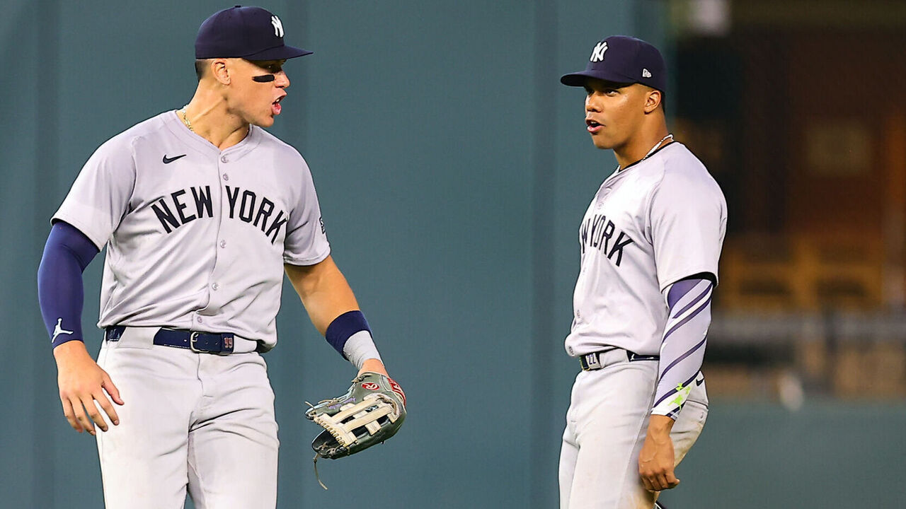 HOUSTON, TX - MARCH 28: Aaron Judge #99 and Juan Soto #22 of the New York Yankees react to a replay review during the game between the New York Yankees and the Houston Astros at Minute Maid Park on Thursday, March 28, 2024 in Houston, Texas.