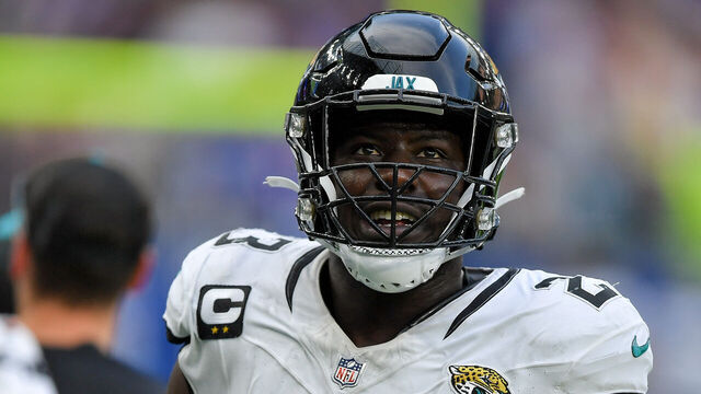 LONDON, ENGLAND - OCTOBER 8: Foye Oluokun of Jacksonville Jaguars looks on during the NFL match between Jacksonville Jaguars and Buffalo Bills at Tottenham Hotspur Stadium on October 8, 2023 in London, England.