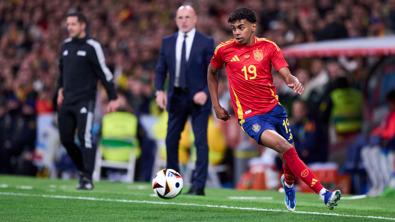 MADRID, SPAIN - MARCH 26: Lamine Yamal of Spain in action during the friendly match between Spain and Brazil at Estadio Santiago Bernabeu on March 26, 2024 in Madrid, Spain.