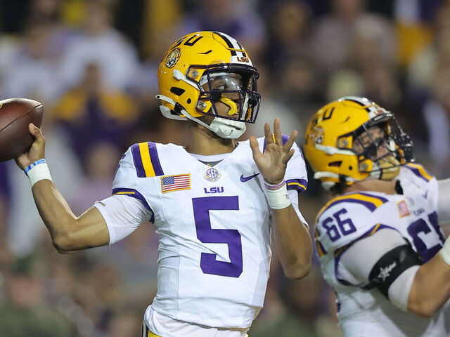 BATON ROUGE, LOUISIANA - NOVEMBER 11: Jayden Daniels #5 of the LSU Tigers throws the ball against the Florida Gators during a game at Tiger Stadium on November 11, 2023 in Baton Rouge, Louisiana.