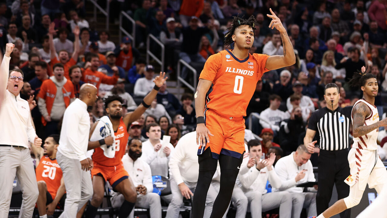 BOSTON, MASSACHUSETTS - MARCH 28: Terrence Shannon Jr. #0 of the Illinois Fighting Illini celebrates against the Iowa State Cyclones during the second half of the round of the 2024 NCAA Men's Basketball Tournament held at TD Garden on March 28, 2024 in Boston, Massachusetts.