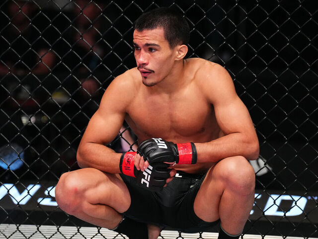 LAS VEGAS, NEVADA - MARCH 23: Igor Severino of Brazil reacts during a flyweight fight against Andre Lima of Brazil during the UFC Fight Night event at UFC APEX on March 23, 2024 in Las Vegas, Nevada.