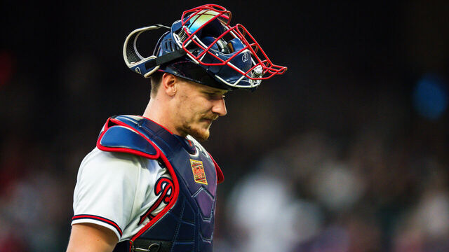ATLANTA, GA - SEPTEMBER 06: Sean Murphy #12 of the Atlanta Braves walks back to home plate after a mound visit during the first inning against the St. Louis Cardinals at Truist Park on September 06, 2023 in Atlanta, Georgia.