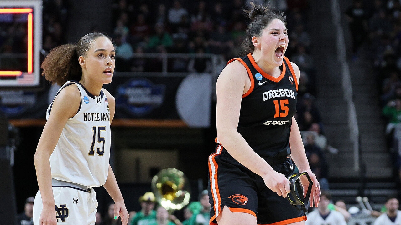 ALBANY, NEW YORK - MARCH 29: Raegan Beers #15 of the Oregon State Beavers celebrates after defeating the Notre Dame Fighting Irish during the second half in the Sweet 16 round of the NCAA Women's Basketball Tournament at MVP Arena on March 29, 2024 in Albany, New York. Oregon State defeated Notre Dame 70-65.