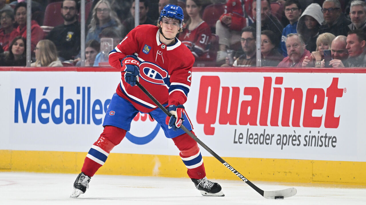 MONTREAL, CANADA - MARCH 28: Kaiden Guhle #21 of the Montreal Canadiens skates the puck during the second period against the Philadelphia Flyers at the Bell Centre on March 28, 2024 in Montreal, Quebec, Canada. The Montreal Canadiens defeated the Philadelphia Flyers 4-1.