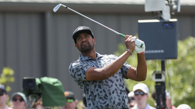 HOUSTON, TX - MARCH 29: Tony Finau (USA) watches his tee shot on 9 during Round 2 of the PGA Texas Children's Houston Open at Memorial Park Golf Course on March 29, 2024 in Houston, Texas.