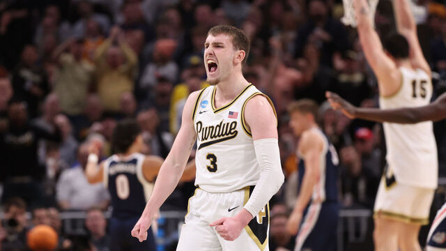 DETROIT, MICHIGAN - MARCH 29: Braden Smith #3 of the Purdue Boilermakers reacts after a basket during the first half against the Gonzaga Bulldogs in the Sweet 16 round of the NCAA Men's Basketball Tournament at Little Caesars Arena on March 29, 2024 in Detroit, Michigan.
