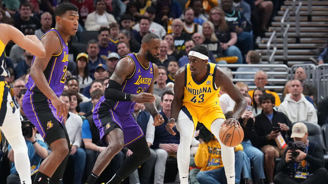 INDIANAPOLIS, IN - MARCH 29: Pascal Siakam #43 of the Indiana Pacers dribbles the ball during the game against the Los Angeles Lakers on March 24, 2024 at Gainbridge Fieldhouse in Indianapolis, Indiana. Mandatory Copyright Notice: Copyright 2024 NBAE