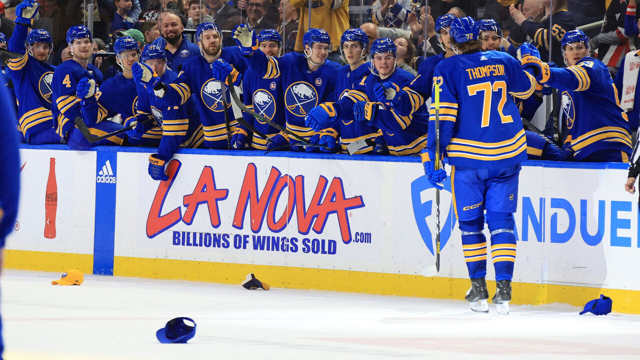 BUFFALO, NEW YORK - MARCH 29: Tage Thompson #72 of the Buffalo Sabres celebrates his third goal of the game against the New Jersey Devils during an NHL game on March 29, 2024 at KeyBank Center in Buffalo, New York.