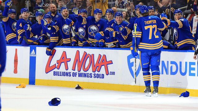 BUFFALO, NEW YORK - MARCH 29: Tage Thompson #72 of the Buffalo Sabres celebrates his third goal of the game against the New Jersey Devils during an NHL game on March 29, 2024 at KeyBank Center in Buffalo, New York.
