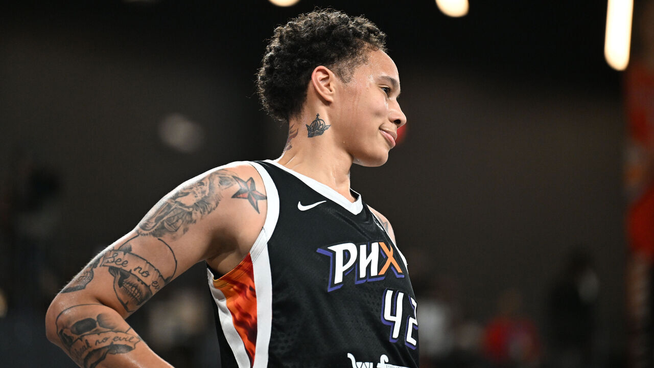 ATLANTA, GA - AUGUST 29: Brittney Griner #42 of the Phoenix Mercury looks on during the game against the Atlanta Dream on August 29, 2023 at Gateway Center Arena at College Park in Atlanta, Georgia. Mandatory Copyright Notice: Copyright 2023 NBAE