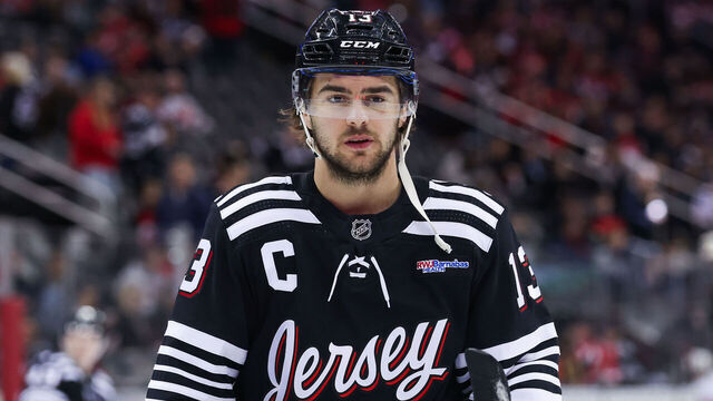 NEWARK, NJ - MARCH 23: New Jersey Devils center Nico Hischier (13) warms up before a game between the Ottawa Senators and New Jersey Devils on March 23, 2024 at Prudential Center in the Newark, New Jersey.