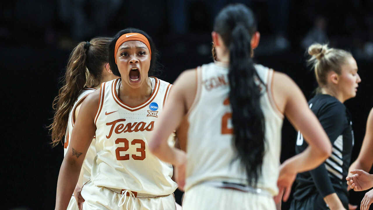 PORTLAND, OREGON - MARCH 29: Aaliyah Moore #23 of the Texas Longhorns yells during the first half against the Gonzaga Bulldogs in the Sweet 16 round of the NCAA Women's Basketball Tournament at Moda Center on March 29, 2024 in Portland, Oregon.