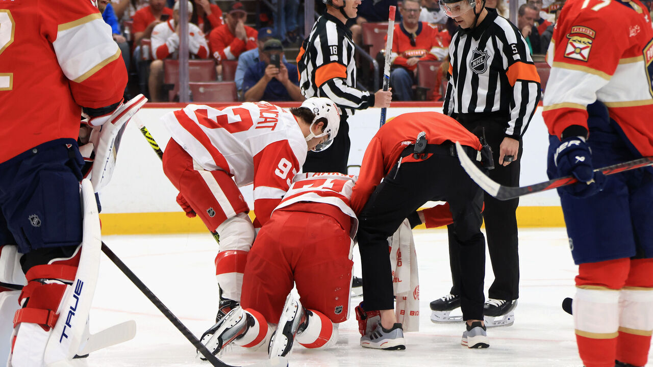 SUNRISE, FLORIDA - MARCH 30: Dylan Larkin #71 of the Detroit Red Wings is injured during the first period against the Florida Panthers at Amerant Bank Arena on March 30, 2024 in Sunrise, Florida.