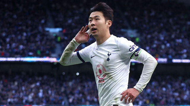 LONDON, ENGLAND - MARCH 30: Heung-Min Son of Tottenham Hotspur celebrates scoring their teams second goal during the Premier League match between Tottenham Hotspur and Luton Town at Tottenham Hotspur Stadium on March 30, 2024 in London, England.