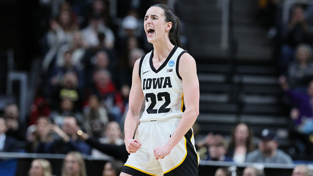 ALBANY, NEW YORK - MARCH 30: Caitlin Clark #22 of the Iowa Hawkeyes reacts in a game against the Colorado Buffaloes during the first half in the Sweet 16 round of the NCAA Women's Basketball Tournament at MVP Arena on March 30, 2024 in Albany, New York.