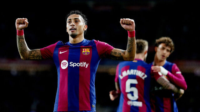 BARCELONA, SPAIN - MARCH 30: Raphinha of FC Barcelona celebrates scoring his team's first goal during the LaLiga EA Sports match between FC Barcelona and UD Las Palmas at Estadi Olimpic Lluis Companys on March 30, 2024 in Barcelona, Spain.