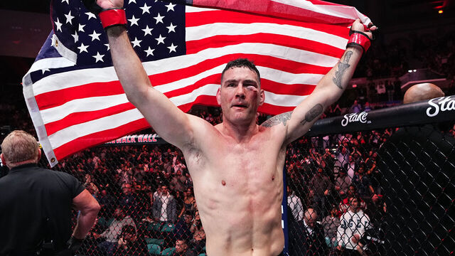 ATLANTIC CITY, NEW JERSEY - MARCH 30: Chris Weidman reacts after his victory against Bruno Silva of Brazil in a middleweight bout during the UFC Fight Night event at Boardwalk Hall Arena on March 30, 2024 in Atlantic City, New Jersey.