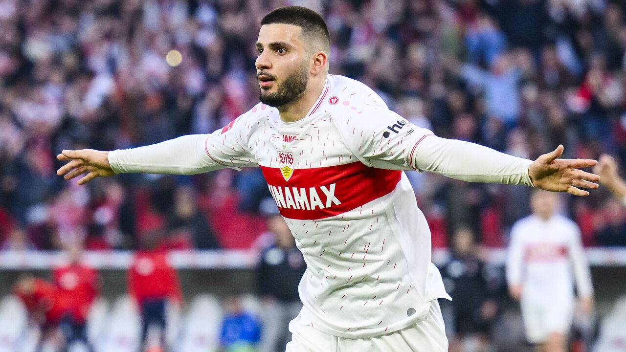31 March 2024, Baden-Württemberg, Stuttgart: Soccer: Bundesliga, VfB Stuttgart - 1. FC Heidenheim, Matchday 27, MHPArena. Stuttgart's Deniz Undav celebrates after his goal to make it 3-3. Photo: Tom Weller/dpa - IMPORTANT NOTE: In accordance with the regulations of the DFL German Football League and the DFB German Football Association, it is prohibited to utilize or have utilized photographs taken in the stadium and/or of the match in the form of sequential images and/or video-like photo series.