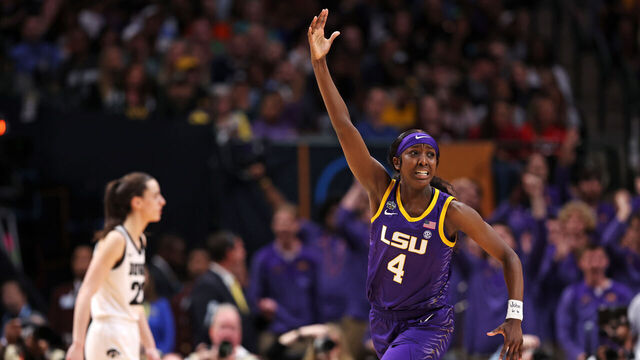 DALLAS, TEXAS - APRIL 02: Flau'jae Johnson #4 of the LSU Lady Tigers reacts during the fourth quarter against the Iowa Hawkeyes during the 2023 NCAA Women's Basketball Tournament championship game at American Airlines Center on April 02, 2023 in Dallas, Texas.
