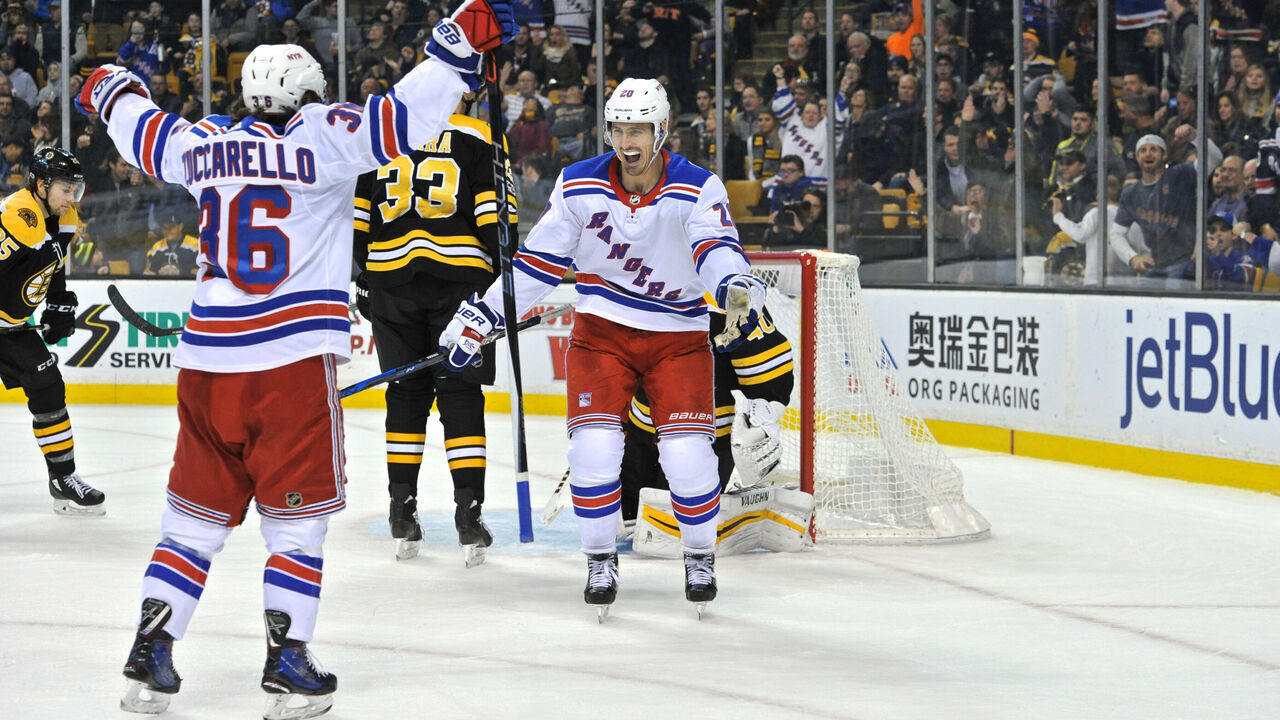 BOSTON, MA -DECEMBER 16: New York Rangers Left Wing Chris Kreider (20) celebrates the overtime game wining goal made by New York Rangers Right Wing Mats Zuccarello (36). During the New York Rangers game against the Boston Bruins on December 16, 2017 at TD Bank Garden in Boston, MA.