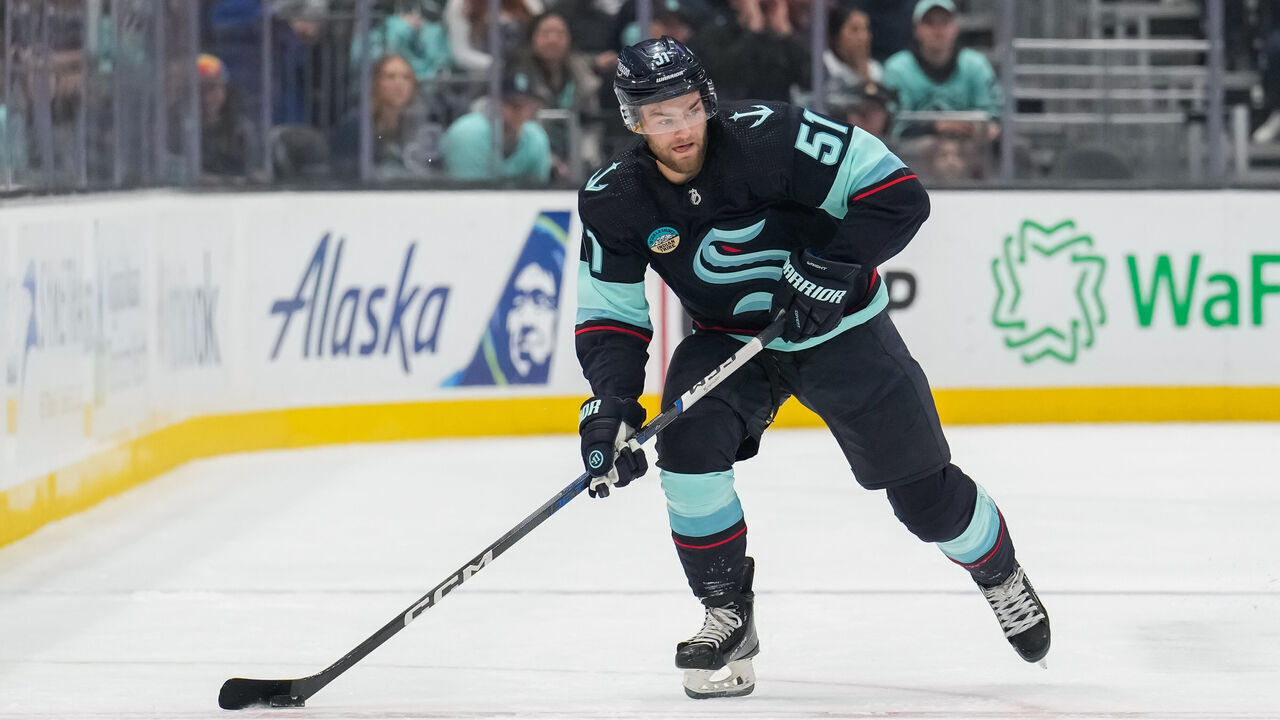 SEATTLE, WASHINGTON - NOVEMBER 13: Shane Wright #51 of the Seattle Kraken skates through the neutral zone during the first period of a game against the Colorado Avalanche at Climate Pledge Arena on November 13, 2023 in Seattle, Washington.