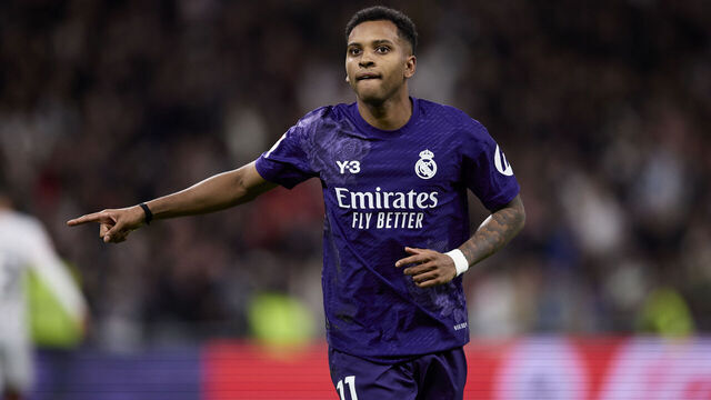 MADRID, SPAIN - MARCH 31: Rodrygo Goes of Real Madrid celebrates after scoring their side's second goal during the LaLiga EA Sports match between Real Madrid CF and Athletic Bilbao at Estadio Santiago Bernabeu on March 31, 2024 in Madrid, Spain.