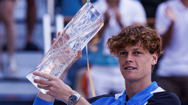 MIAMI GARDENS, FLORIDA - MARCH 31: Jannik Sinner of Italy poses with the Butch Buchholz trophy after beating Grigor Dimitrov of Bulgaria in the final of the Miami Open at the Hard Rock Stadium on March 31, 2024 in Miami Gardens, Florida.