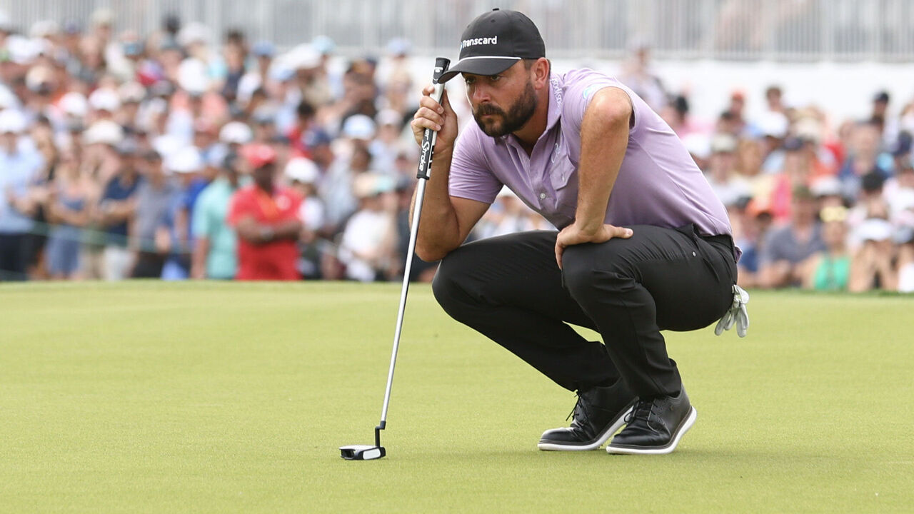 HOUSTON, TEXAS - MARCH 31: Stephan Jaeger of Germany lines up a putt on the 18th green during the final round of the Texas Children's Houston Open at Memorial Park Golf Course on March 31, 2024 in Houston, Texas.