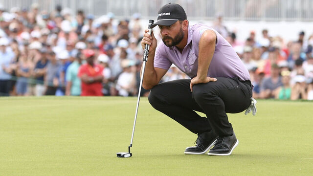 HOUSTON, TEXAS - MARCH 31: Stephan Jaeger of Germany lines up a putt on the 18th green during the final round of the Texas Children's Houston Open at Memorial Park Golf Course on March 31, 2024 in Houston, Texas.